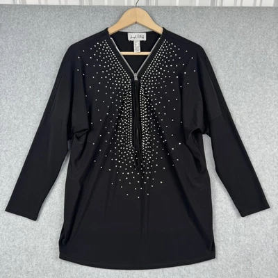 Joseph Ribkoff Top Womens Size 6 Black Studded Zip Front Tunic Top Long Sleeve - Image 1 of 4