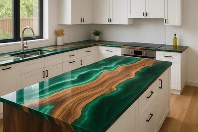 Ocean Wave Green Epoxy Countertop – Unique Resin Kitchen Island Top Furniture - Image 1 of 4