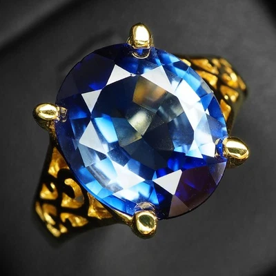 Anillos de oro de 24 quilates de plata de ley 925 preciosos zafiros azules vivos 8,80 quilates tamaño 8,5 Foto 1 de 4