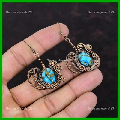 Copper Blue Turquoise Gemstone Copper Dangle Drop Wire Wrapped Earrings Jewelry - Image 1 of 4