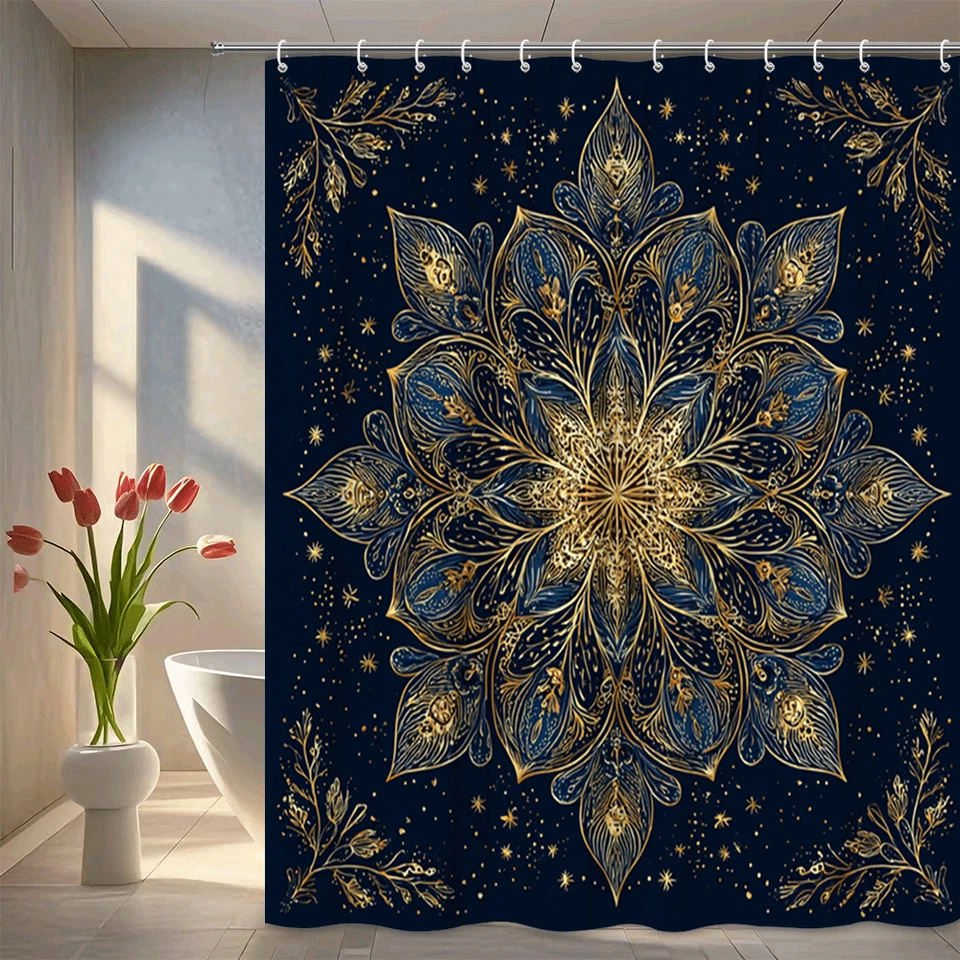 Mandala Dorado Azul Cortina de Ducha Boho Chic Baño Moderno Decoración del Hogar Foto 1 de 4