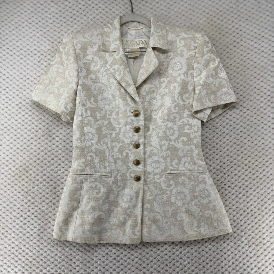 Vintage Escada Margaretha Ley Blazer Floral Beige Short Sleeve Tapestry Jacket - Image 1 of 4
