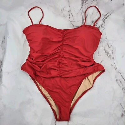 J Crew One Piece 24 3X Red Ruched Sweetheart Swim Suit Padded Cheeky Spaghetti  - Image 1 of 4