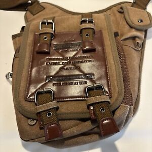 RuYiHuang Men's Style Messenger Shoulder Bag- Khaki Canvas w/ Brown Leather