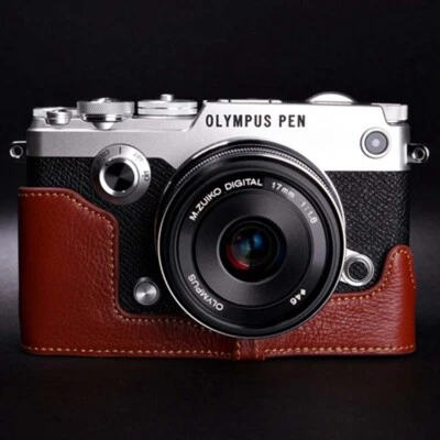 Media cubierta bolsa vintage hecha a mano de cuero genuino para cámara para Olympus PEN-F Foto 1 de 4