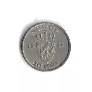 *Uncommon Date* 1956 Norway 50 Ore World Coin - Mintage 1,630,000 - KM# 402 - Picture 1 of 2