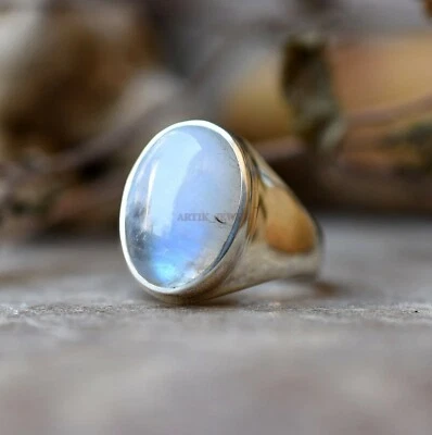 Naturale Pietra Lunare Arcobaleno Con 14K Oro Bianco Placcato Anello Argento per - Immagine 1 di 4