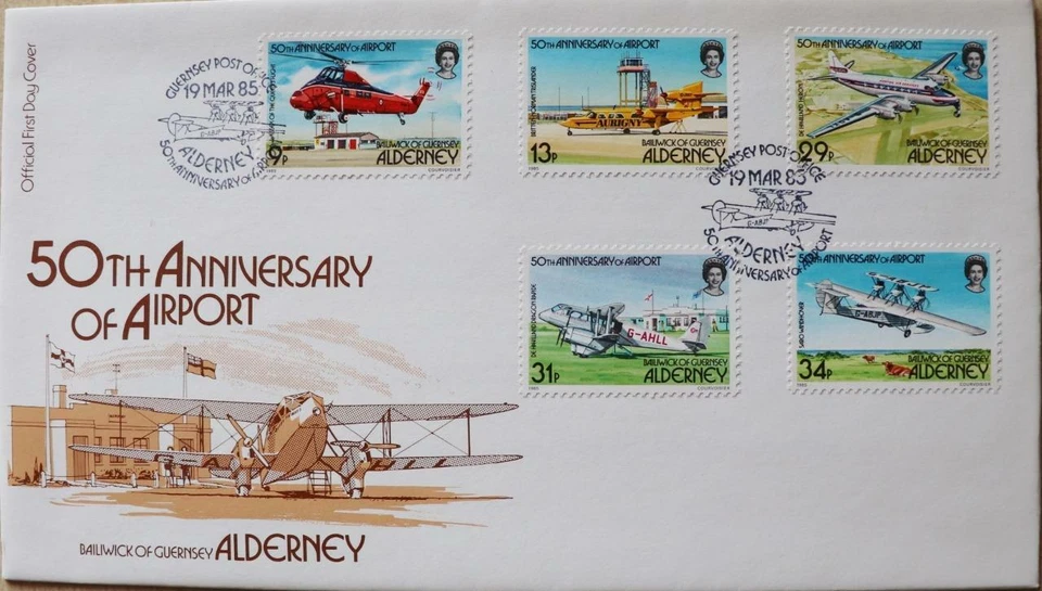 Alderney Stamps: "Alderney Airport - 50th Anniversary" - First Day Cover 1985 - Image 1 of 1