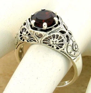 GENUINE GARNET SOLITAIRE 925 STERLING SILVER ANTIQUE STYLE FILIGREE RING   #1106 - Picture 1 of 4