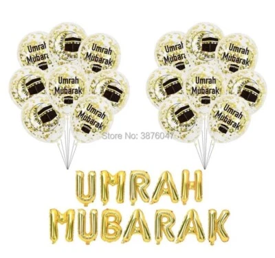 New Umrah Mubarak Balloon Set Foil Latex confetti Gold Banner wall hanging 2023 - Image 1 of 3