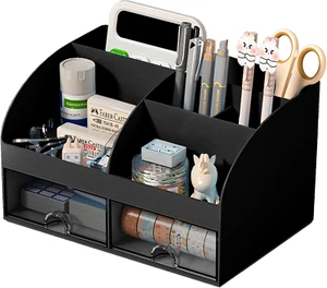 Desk Organizer and Accessories with 6 Compartments and 2 Drawers, Plastic Makeup - Picture 1 of 12