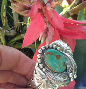 Native American Navajo Leaf Motif Royston Turquoise Sterling Silver Signed Cuff  - Picture 1 of 11
