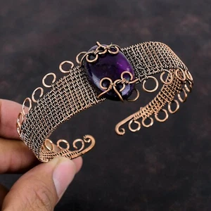 Womens day Sale Copper Natural Purple Fire Labradorite Wire Wrapped Bangle Cuff - Picture 1 of 6