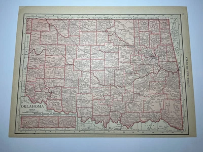 1911 "Red" OKLAHOMA State Map fm 1912 New Census Atlas SEE DESCRIP - Image 1 of 3