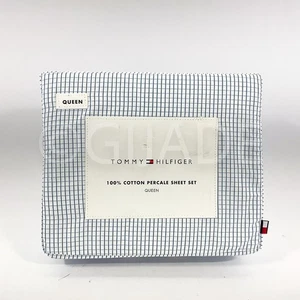 Tommy Hilfiger Queen Bed Sheet 4Pcs Set 100% Percale Cotton White Blue New - Picture 1 of 6