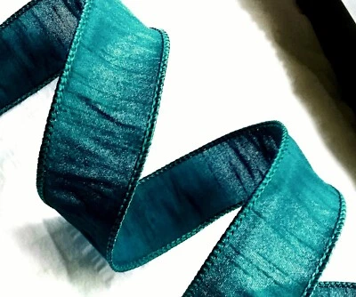 Deep Teal 1.5" by 2 yard Anisha Offray Wired Ribbon Fall Christmas Everyday Bow - Image 1 of 4