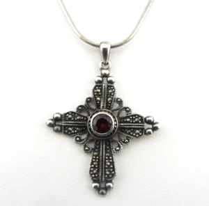 Sterling Silver & Marcasite Cross Pendant & Chain Necklace w/ Red Stone or Glass - Picture 1 of 8