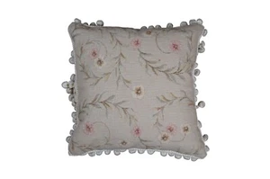 Needlepoint Floral Leaves Down Filled Lumbar Throw Pillow w Tassels 16" - Picture 1 of 10