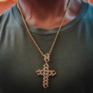 18k Yellow Gold Diamond Tennis Chain Cuban Link Cross Real Icy Choker Necklace - Picture 1 of 6