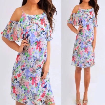 Emma & Michele 绿色蓝色红色花卉荷叶边连衣裙 S 小号 — 第 1/4 张图片