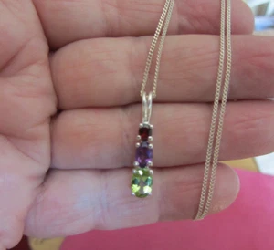 Peridot, Amethyst and Garnet Pendant on 18" fine curb Chain both Stamped 925. - Picture 1 of 9
