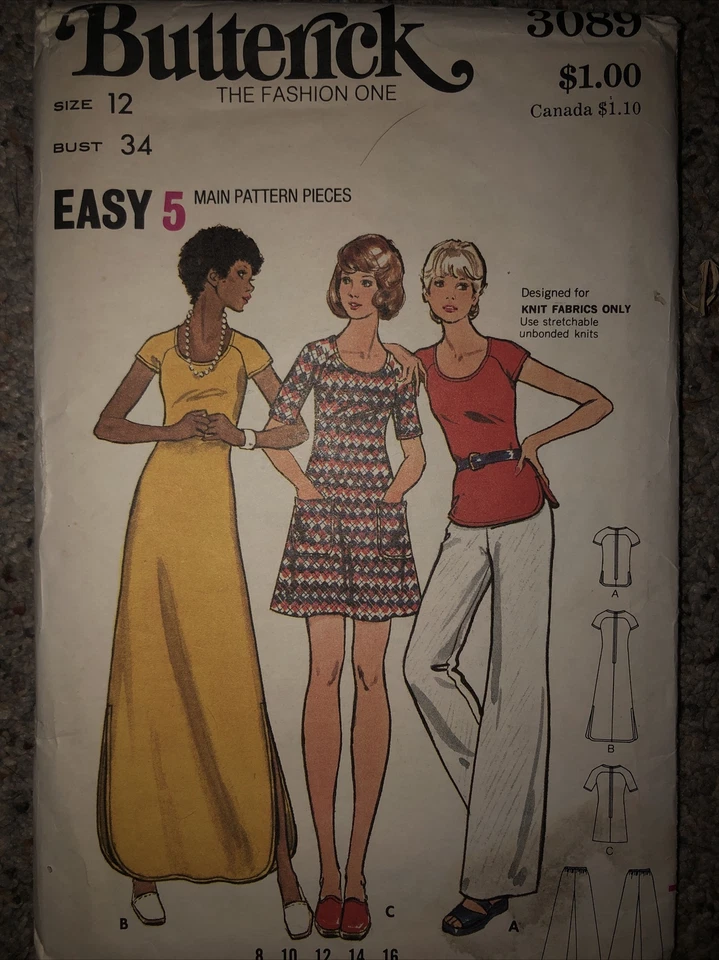Butterick 3089 Vintage 1973 Misses Knit A-Line Dress Top and Pants New Uncut - Image 1 of 1
