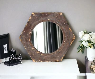24" Bronze Hexagon Distressed Wood Framed Accent Mirror - Image 1 of 4