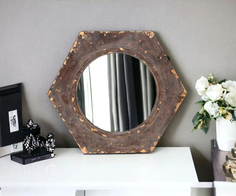 24" Bronze Hexagon Distressed Wood Framed Accent Mirror - Image 1 of 4