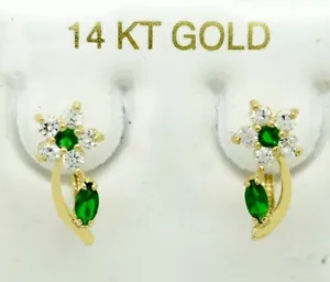 LAB CREATED EMERALD & WHITE SAPPHIRE FLOWER DANGLING EARRINGS 14K GOLD - NWT - Picture 1 of 3