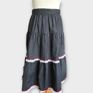 Vintage 80s 70s Tiered Skirt Fit 6 W24 Black Striped Lace Trim Boho Prairie BHS - Picture 1 of 11