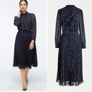 J Crew Hunter Green Tartan Plaid Tie-Neck Pleated A-Line Lined Midi Dress Sz 2 - Picture 1 of 13