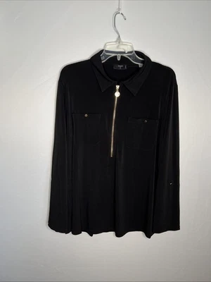 Tahari Women's 1X Black 1/2 Zipper Roll Tab Sleeve Blouse - Image 1 of 4