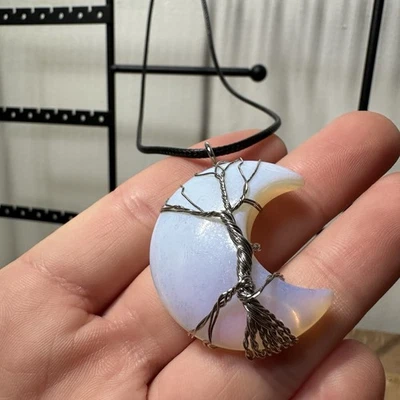 Collar Colgante Opalita Luna Árbol de la Vida Envuelto en Alambre de Plata Boho Yoga Foto 1 de 4