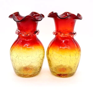 Pair of Blenko Amberina Hand Blown 6.5" Crackle Glass Vase Ruffled Top Vintage - Picture 1 of 7
