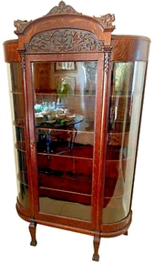 Victorian China cabinet Curio Display Slotted Shelves Wavy Glass Locking door - Picture 1 of 14