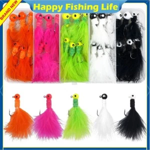 30pcs Crappie Jig Fishing Lure Marabou Feather Jig Head Hook 1/8oz 1/16oz 1/32oz - Picture 1 of 21