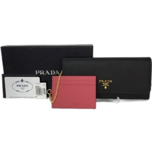 Auth PRADA New Bi-Fold Long Wallet Black & Pass Case w/ Chain Pink Leather Italy - Picture 1 of 24