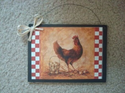 Primitive Country *CHICKEN with EGG BASKET* plaque 5 3/4" x 7 1/2" w/wire hanger - Image 1 of 2