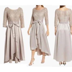 NWT Alex Evenings Sequin Lace High-Low Cocktail Dress Buff 10P - Picture 1 of 11