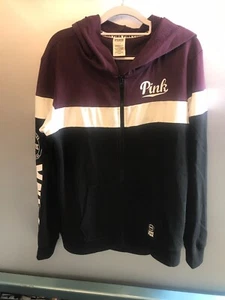 Victoria’s Secret PINK Full-Zip Hoodie Size L Large - Maroon, White & Black LN - Picture 1 of 11