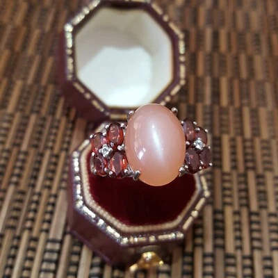 925 Sterling Silver Ring, Genuine Peach Moonstones And Garnet, Size N US 6.75  - Image 1 of 4