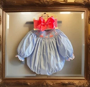 Girls NWT Stitchy Fish Smocked Romper Gingham Ballet 9 Months  - Picture 1 of 10