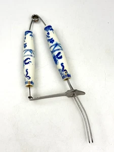 Vintage Blue Onion Ejector Fork Meat Server Porcelain Handled Stainless Steel - Picture 1 of 12