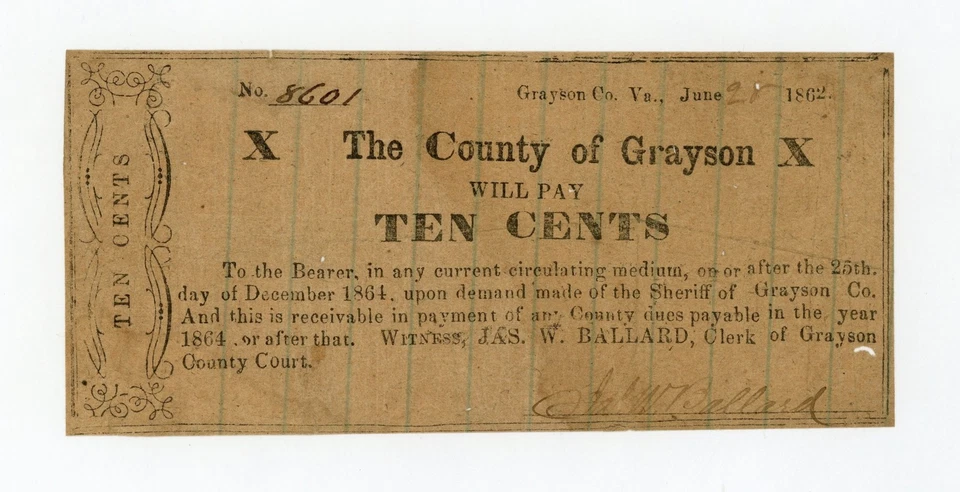 1862 10c The County of Grayson - Independence, VIRGINIA Note CIVIL WAR Era - Image 1 of 2
