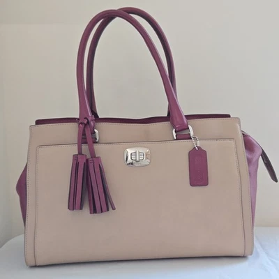 Coach Chelsea Handbag Legacy Two Tone Khaki/Red Leather Carryall Tassel Satchel - Image 1 of 4