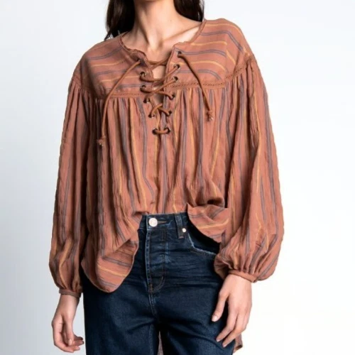 Top túnica a rayas del desierto de una cucharadita talla S marrón campesino boho manga globo Foto 1 de 4