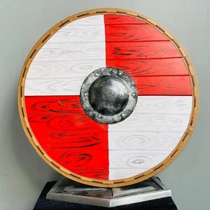 Medieval Viking Wooden Shield Red & White Wooden Battle Shield Authentic LARP - Picture 1 of 8