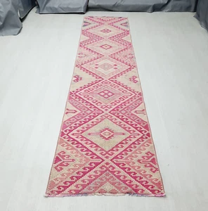 Alfombra de corredor rosa geométrica, alfombra de pasillo vintage tejida a mano, 2,6 x 11,5 pies - Imagen 1 de 8