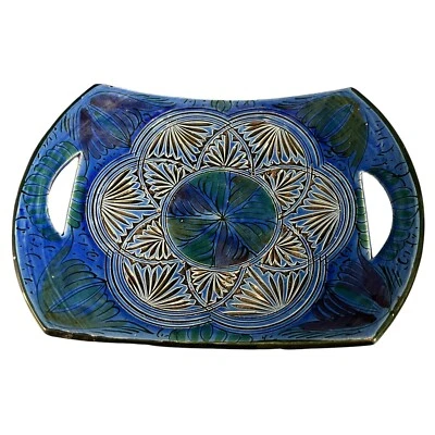 "Plato pintado tallado a mano marroquí decorativo azul intrincado 10,5"" x 7,5""" Foto 1 de 4