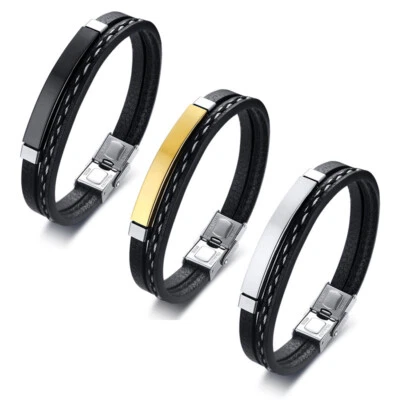 19.5cm PU Leather Silver/Gold/Black Bracelet for Male Men Stainless Steel Bangle - Image 1 of 4